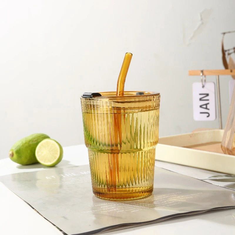 450Ml Stripe Glass Cup Transparent Glasses with Lid and Straw Ice Coffee Mug Tea Cup Juice Glass Milk Water Cup Drinkware