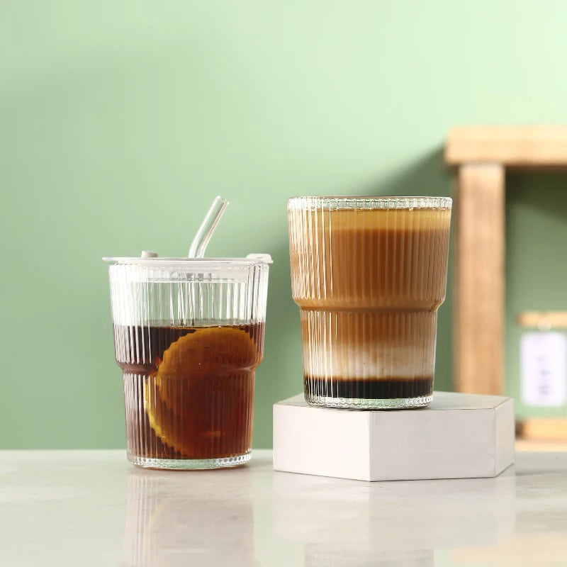 450Ml Stripe Glass Cup Transparent Glasses with Lid and Straw Ice Coffee Mug Tea Cup Juice Glass Milk Water Cup Drinkware