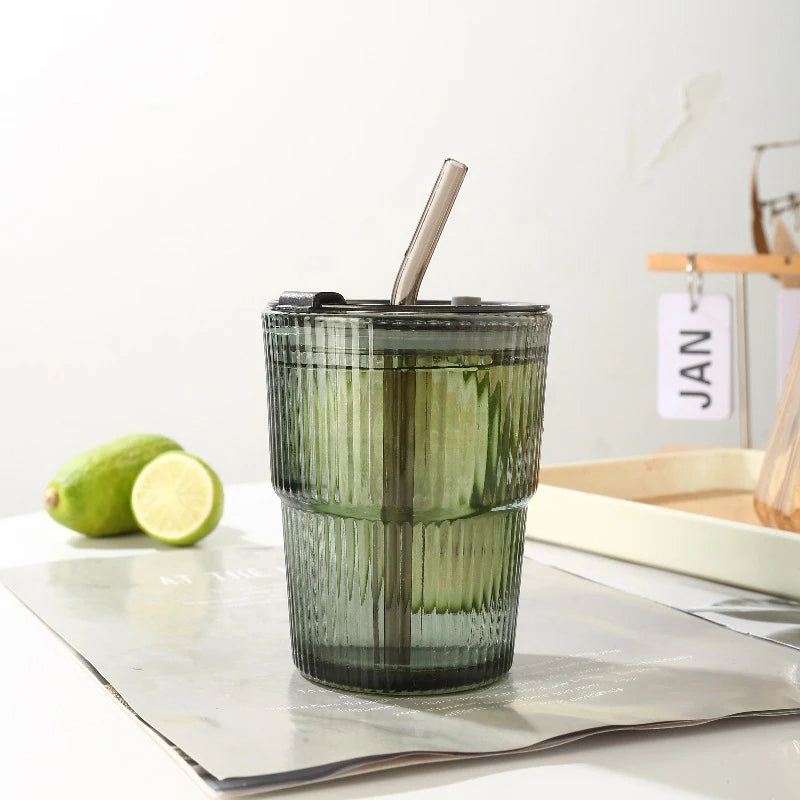 450Ml Stripe Glass Cup Transparent Glasses with Lid and Straw Ice Coffee Mug Tea Cup Juice Glass Milk Water Cup Drinkware