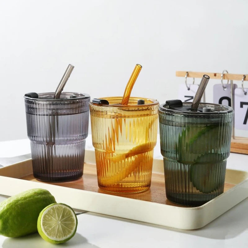 450Ml Stripe Glass Cup Transparent Glasses with Lid and Straw Ice Coffee Mug Tea Cup Juice Glass Milk Water Cup Drinkware