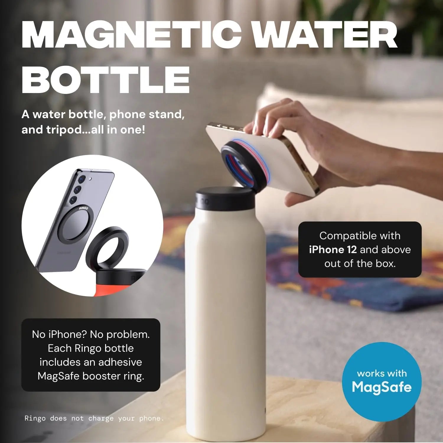 Magnetic Phone Holder Insulated Stainless Steel Water Bottle - Magsafe Compatible with Tripod Feature