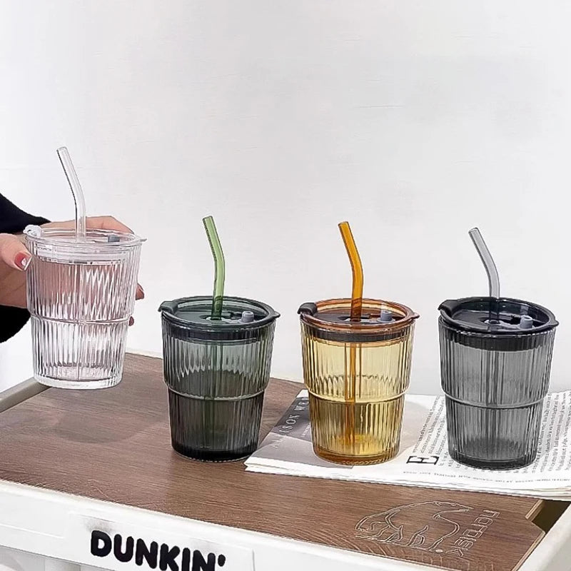 450Ml Stripe Glass Cup Transparent Glasses with Lid and Straw Ice Coffee Mug Tea Cup Juice Glass Milk Water Cup Drinkware